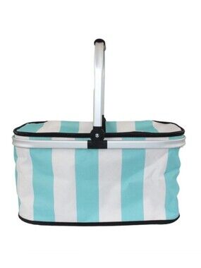 Aqua and White Striped Insulated Market Basket Collapsable For Convenience.